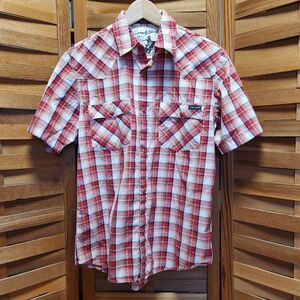 Volcom Red White Plaid Western Shirt Women Size S Short Sleeve Cotton